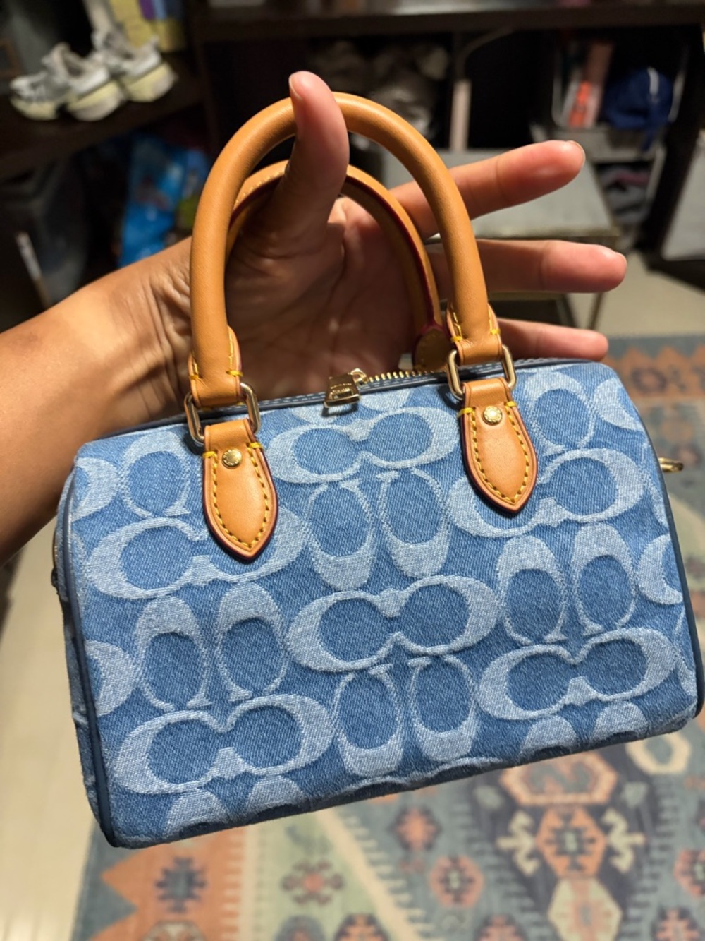 Coach Blue Denim Mini Rowan Satchel with Tan Leather Trim and Gold Hardware - Picture 6 of 7